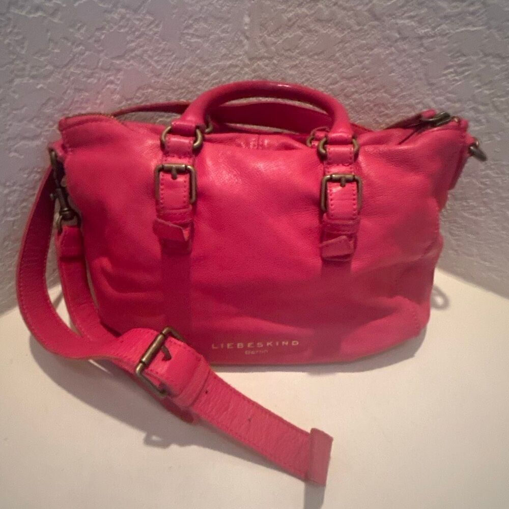 Liebeskind Berlin Satchel Handbag Raspberry Red Leather Top Handle Two Way Purse - Picture 7 of 14